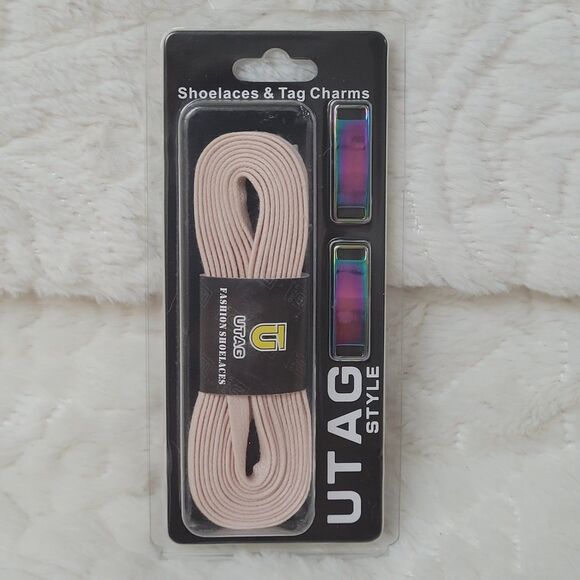 Utag Style Fashion Shoelaces Light Pink with Rainbow Metal Tag Charms New Sealed - Picture 1 of 4